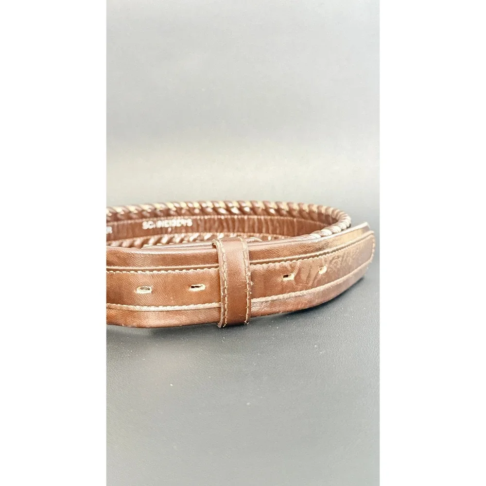 Schneider's Brown Leather Whipstitch Belt Sterling Silver Accents Size 32‎ Rodeo